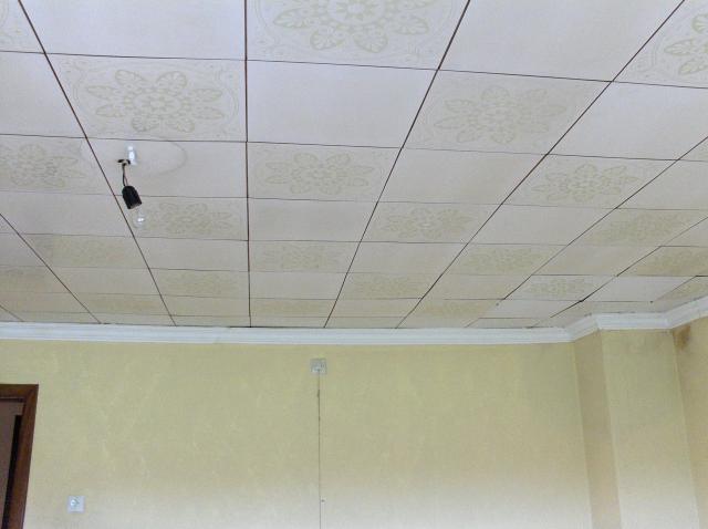 'Mooie' plafondtegels. Daar waar de lamp zit kan je zeer goed zien dat de vorige eigenaars rokers zijn.

